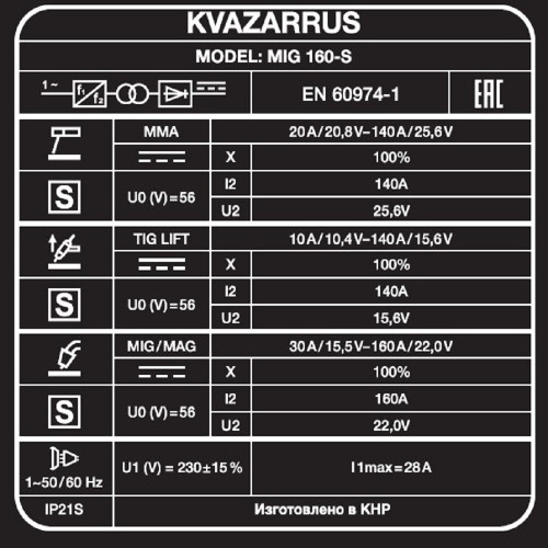 Сварочный полуавтомат KVAZARRUS MIG 160-S-8