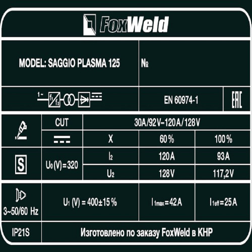 Аппарат плазменной резки FoxWeld SAGGIO PLASMA 125-8