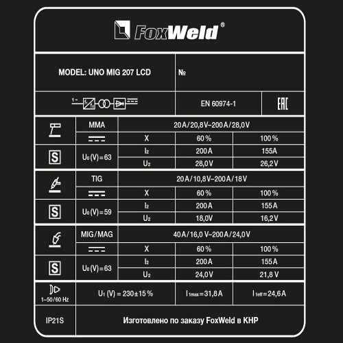 Сварочный полуавтомат FoxWeld UNO MIG 207 LCD-7
